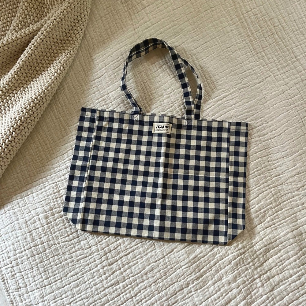 Sezane Gingham Tote Navy Gingham